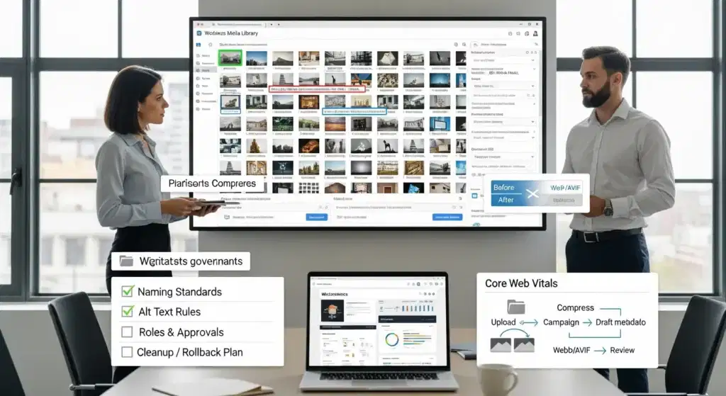 team reviewing wordpress media library cleanup and image optimization workflow in office