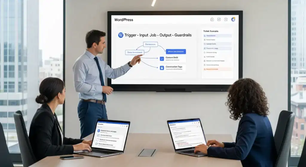 team reviews a chatgpt ai workflow dashboard in a modern office