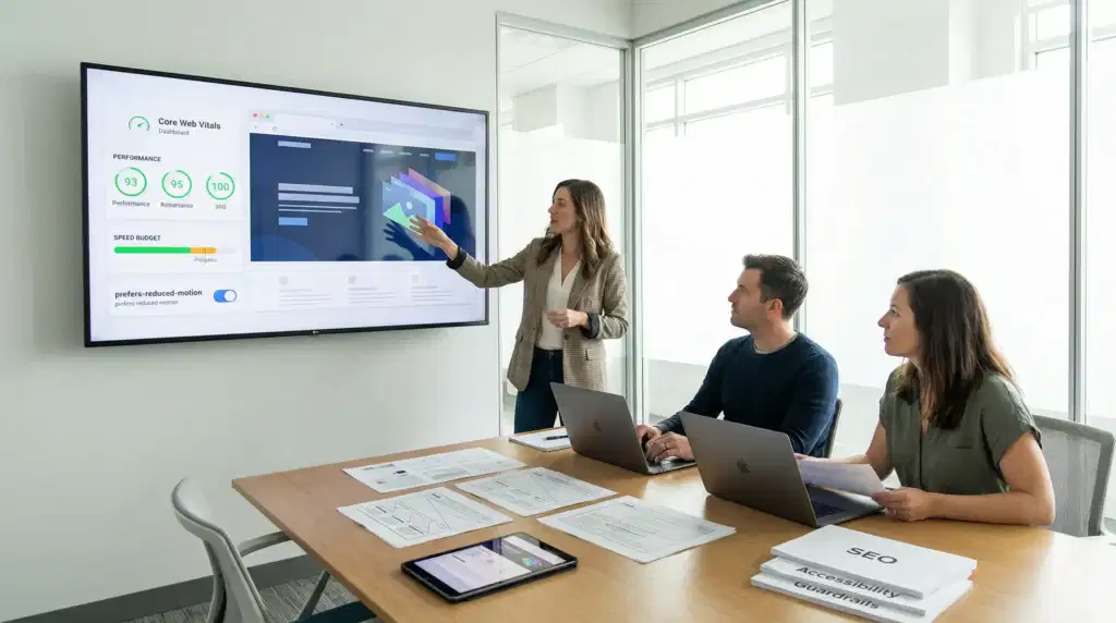 team reviews a parallax scrolling website mockup with speed and accessibility metrics