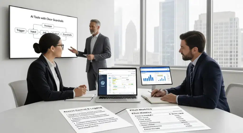 team reviews ai tools workflow and guardrails on screens in modern office