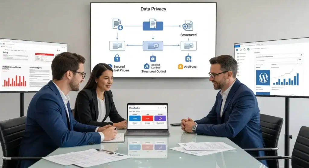 team reviews deepseek ai workflow dashboard with privacy guardrails in modern office