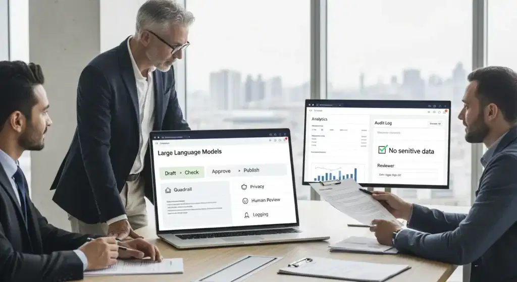 team reviews large language model outputs with guardrails in a modern office