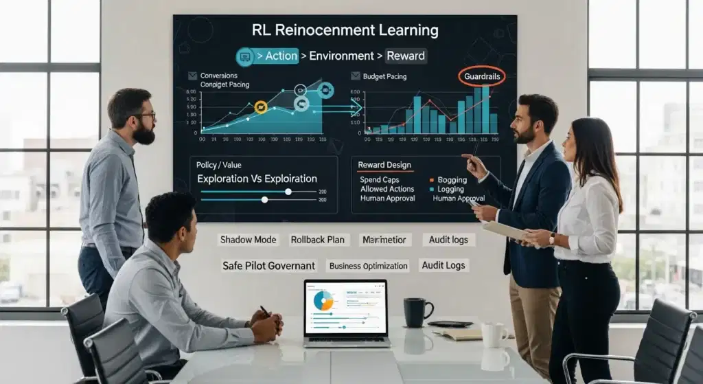 team reviews reinforcement learning decision loop dashboard with guardrails in a modern office