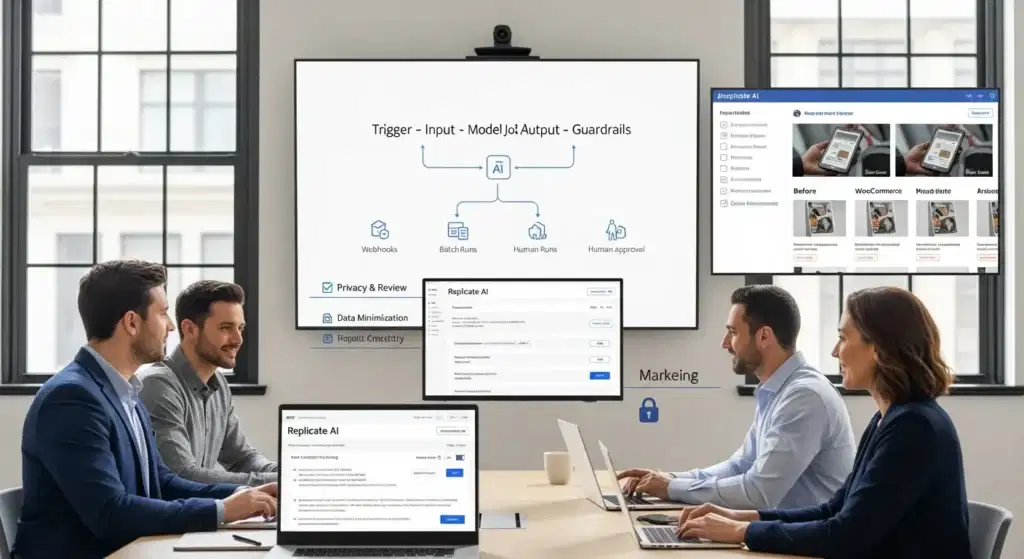 team reviews replicate ai api workflow with wordpress integration and guardrails