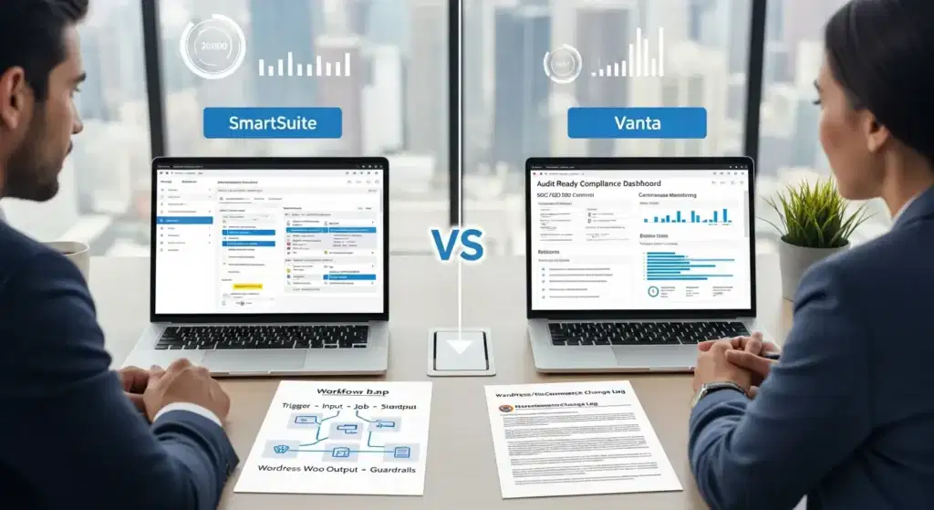 two professionals compare smartsuite workflows and vanta compliance dashboards in a modern office
