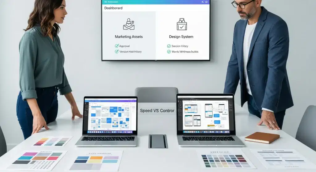 two professionals comparing canva templates and figma ui designs on laptops