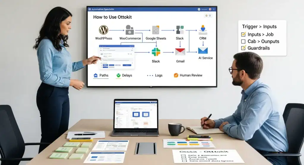 two professionals review an ottokit workflow diagram connecting wordpress to key apps