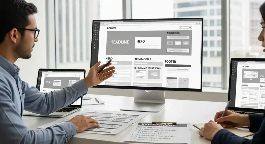 Equipa de experiência do utilizador a analisar um esboço de site em tons de cinzento num monitor no escritório