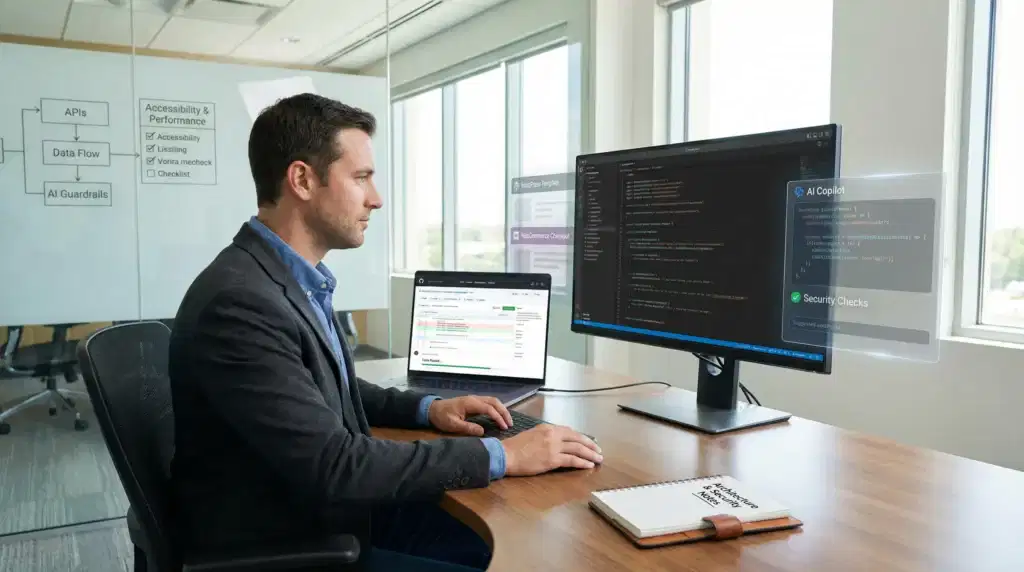 web developer reviewing ai generated code and security checklist in a modern office